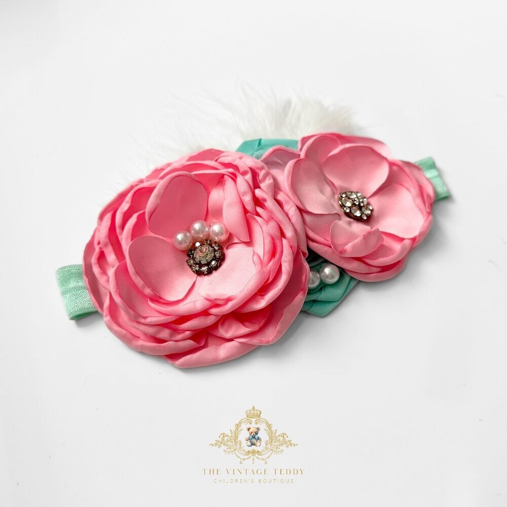 NWT Pretty Vintage Inspired Girls Headband Floral Beaded Feathers Pink & Mint OS